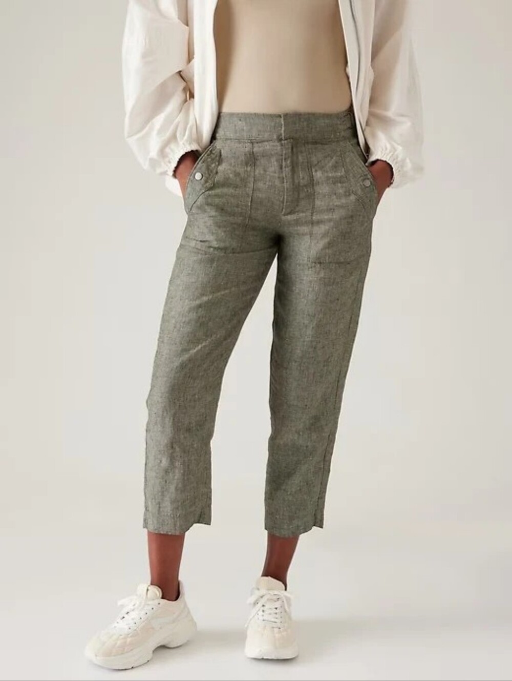 Athleta Women's Size 6 Green Linen Voyager Cropped Chambray Pants